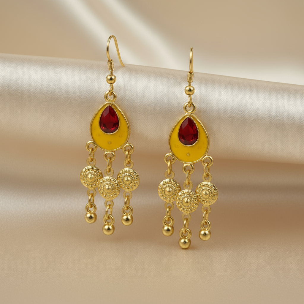 Elegant Gold Plated Red Stone Drop Earrings – Traditional Indian Jewelry for Women