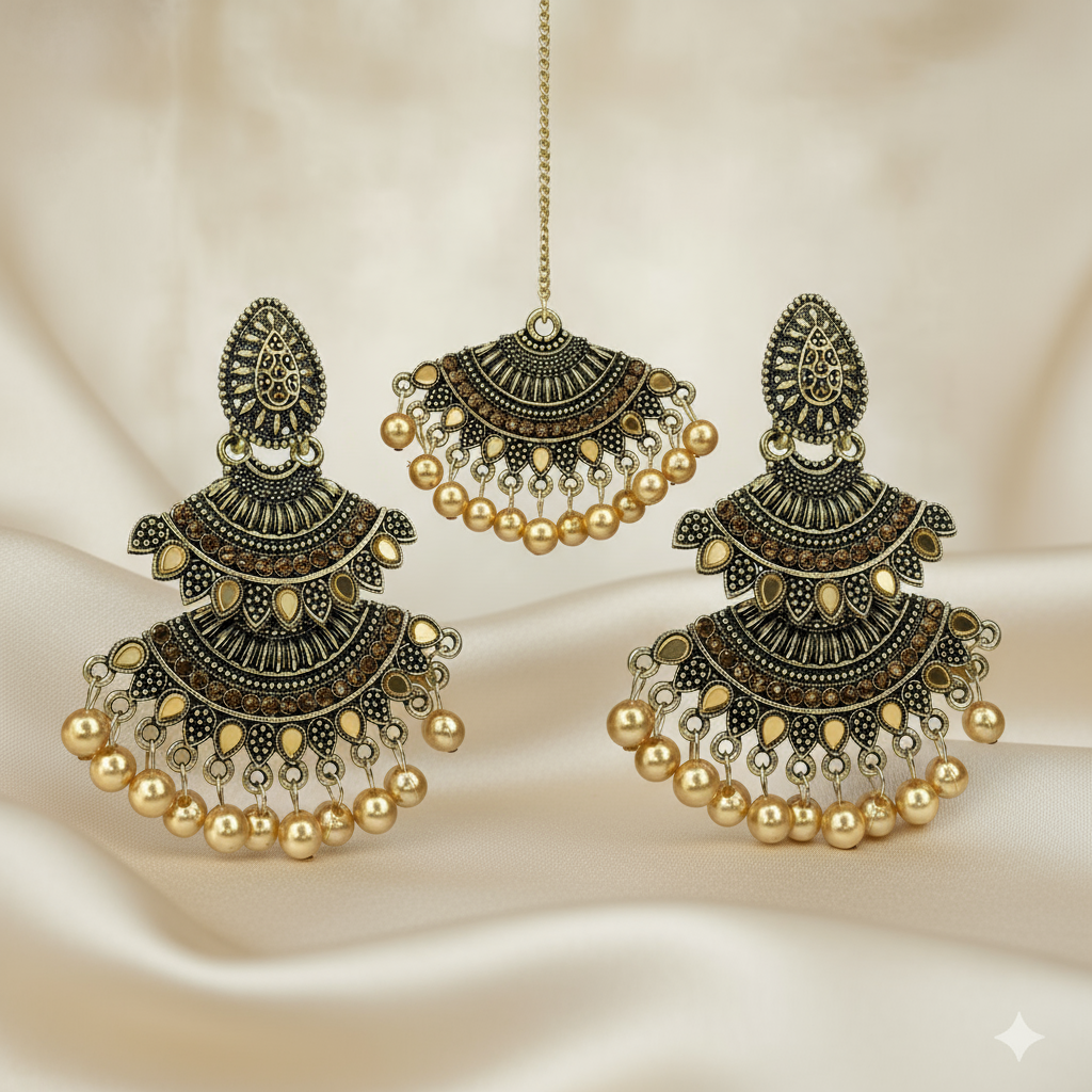 Elegant Antique Gold Plated Traditional Indian Earrings and Maang Tikka Set with Pearl Dangling