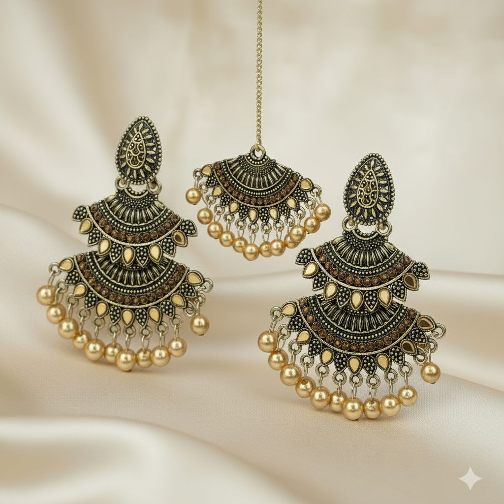 Elegant Antique Gold Plated Traditional Indian Earrings and Maang Tikka Set with Pearl Dangling
