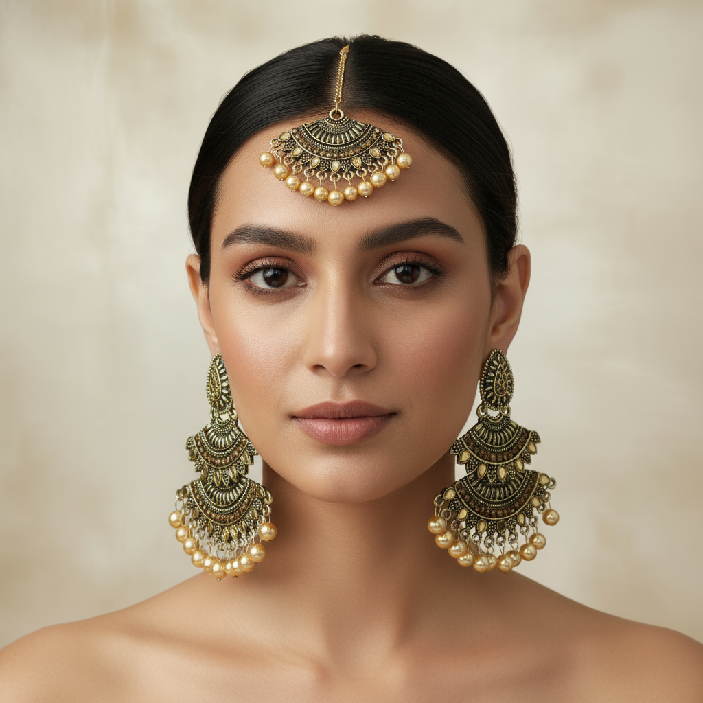 Elegant Antique Gold Plated Traditional Indian Earrings and Maang Tikka Set with Pearl Dangling