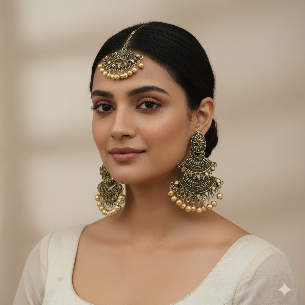 Elegant Antique Gold Plated Traditional Indian Earrings and Maang Tikka Set with Pearl Dangling