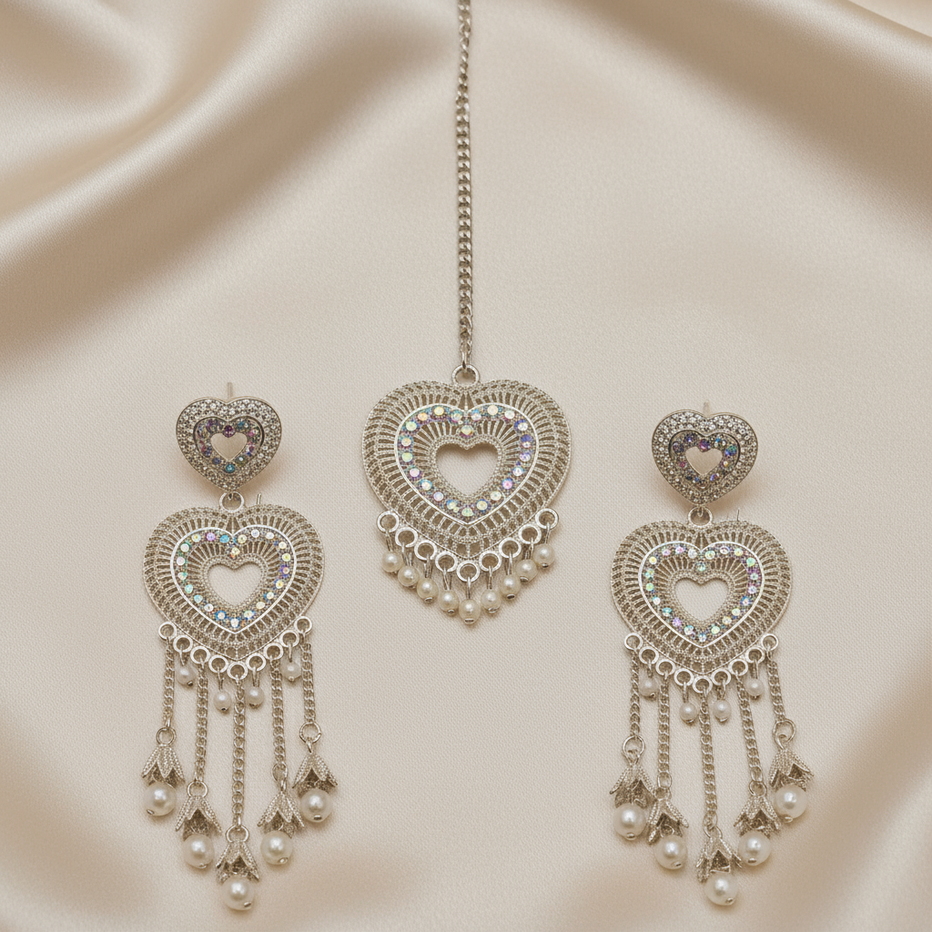 Elegant Heart-Shaped Silver Pearl Drop Earrings and Pendant Set – Sparkling Rhinestone Jewelry for Women