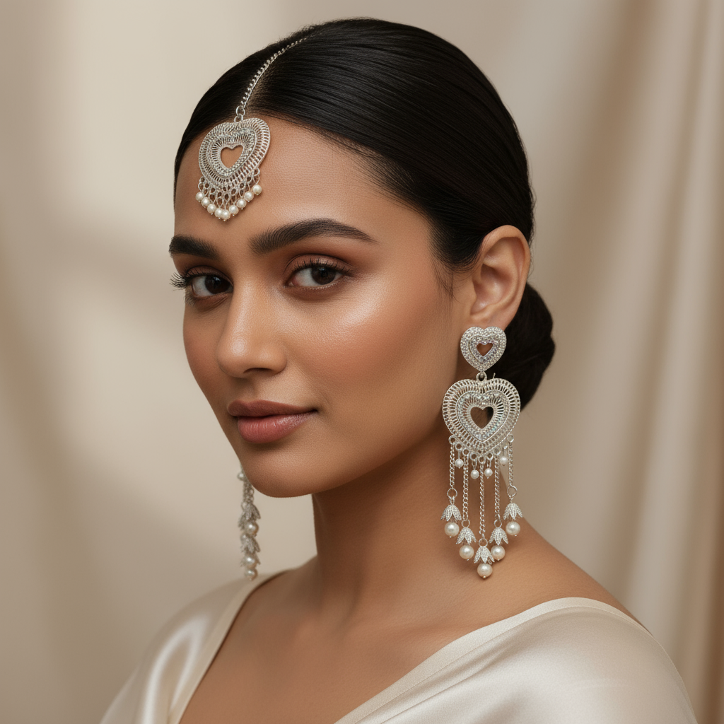 Elegant Heart-Shaped Silver Pearl Drop Earrings and Pendant Set – Sparkling Rhinestone Jewelry for Women