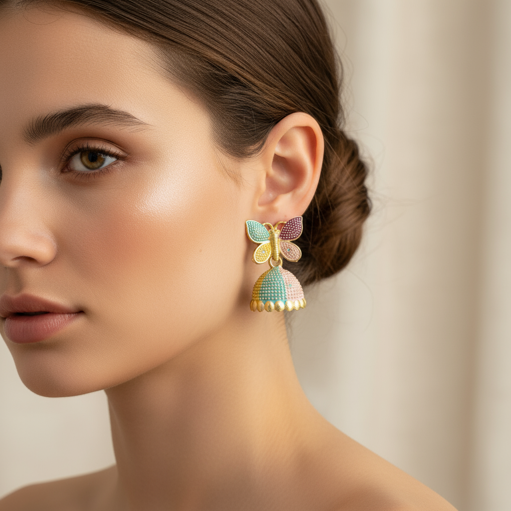 Elegant Multicolor Butterfly Jhumka Earrings – Traditional Indian Jewelry for Women