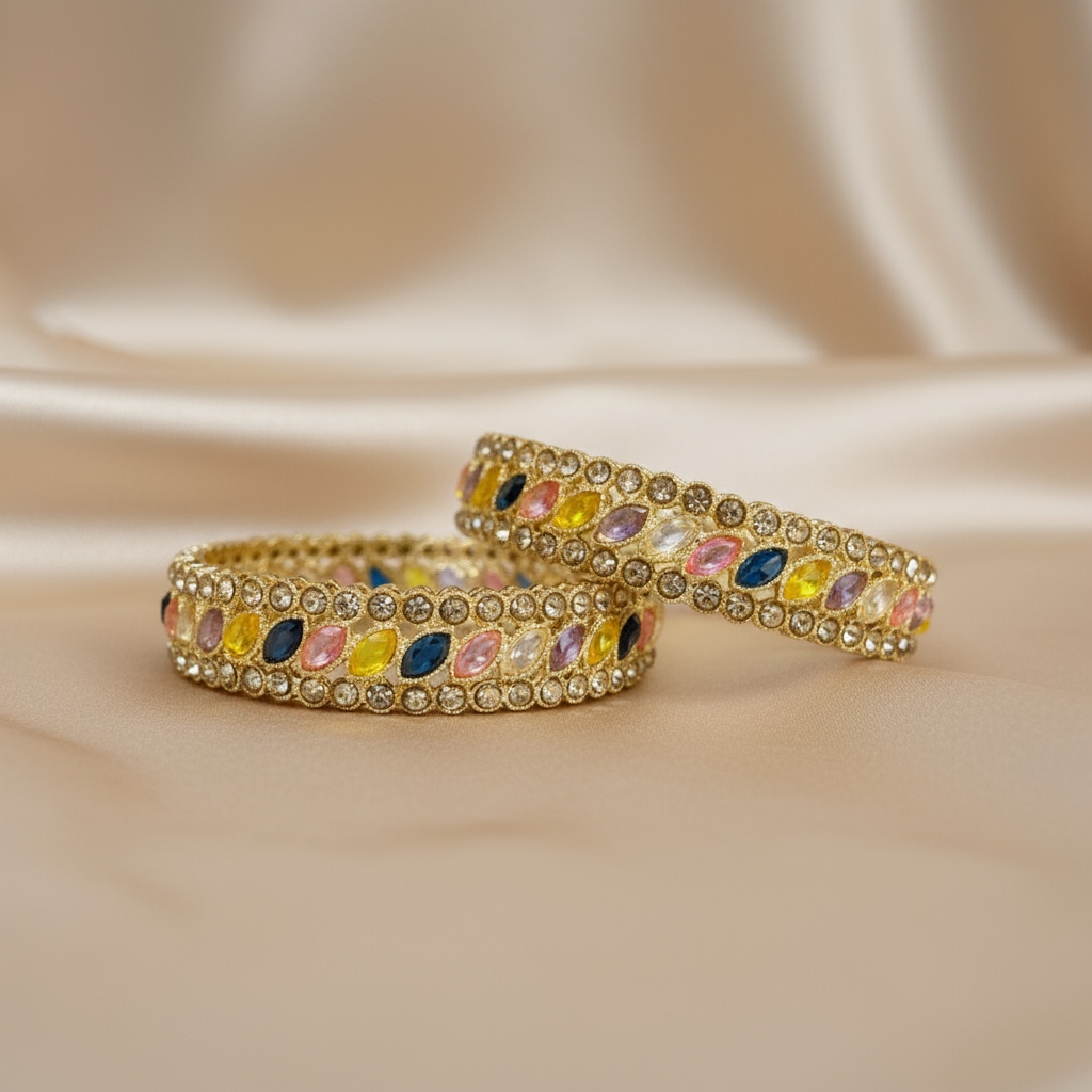 Elegant Multicolor Gemstone Gold-Plated Bangles – Women’s Traditional Jewelry Set