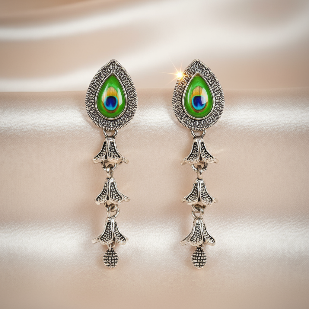 Elegant Peacock Feather Inspired Silver Dangle Earrings – Handmade Ethnic Jewelry for Women