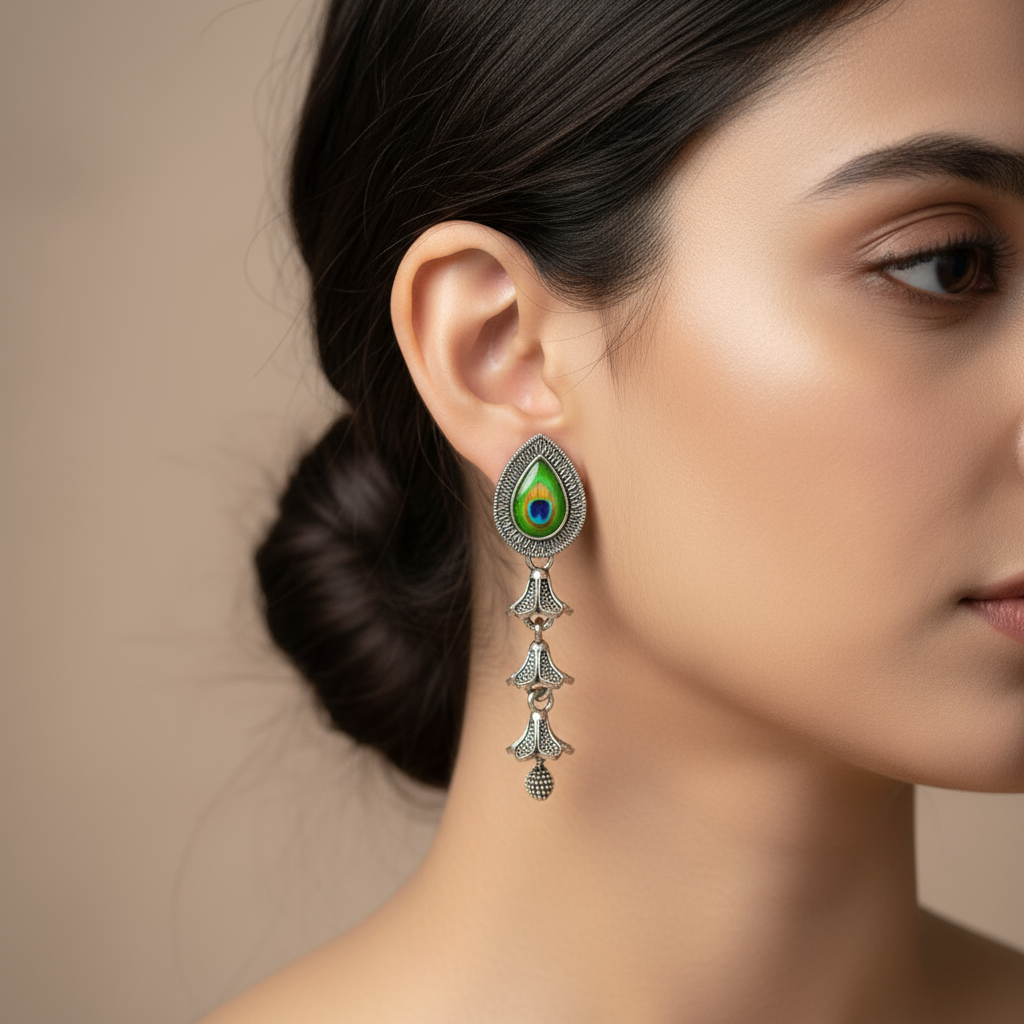 Elegant Peacock Feather Inspired Silver Dangle Earrings – Handmade Ethnic Jewelry for Women