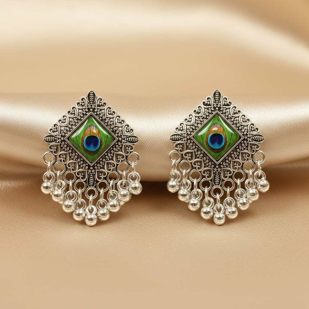 Elegant Peacock Feather Silver Earrings – Traditional Indian Tribal Jewelry for Women