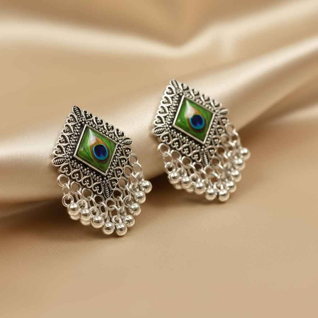 Elegant Peacock Feather Silver Earrings – Traditional Indian Tribal Jewelry for Women