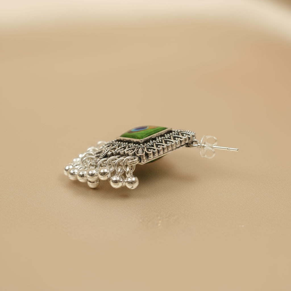 Elegant Peacock Feather Silver Earrings – Traditional Indian Tribal Jewelry for Women