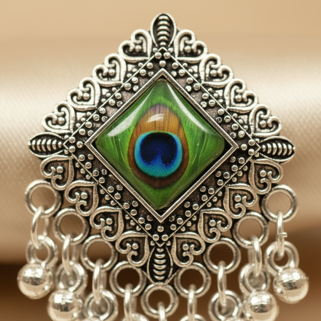 Elegant Peacock Feather Silver Earrings – Traditional Indian Tribal Jewelry for Women