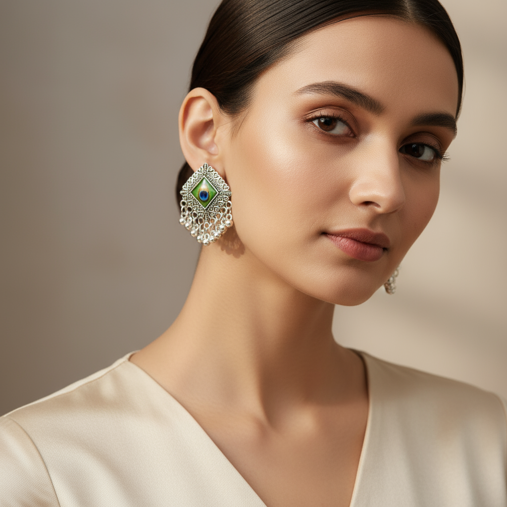 Elegant Peacock Feather Silver Earrings – Traditional Indian Tribal Jewelry for Women