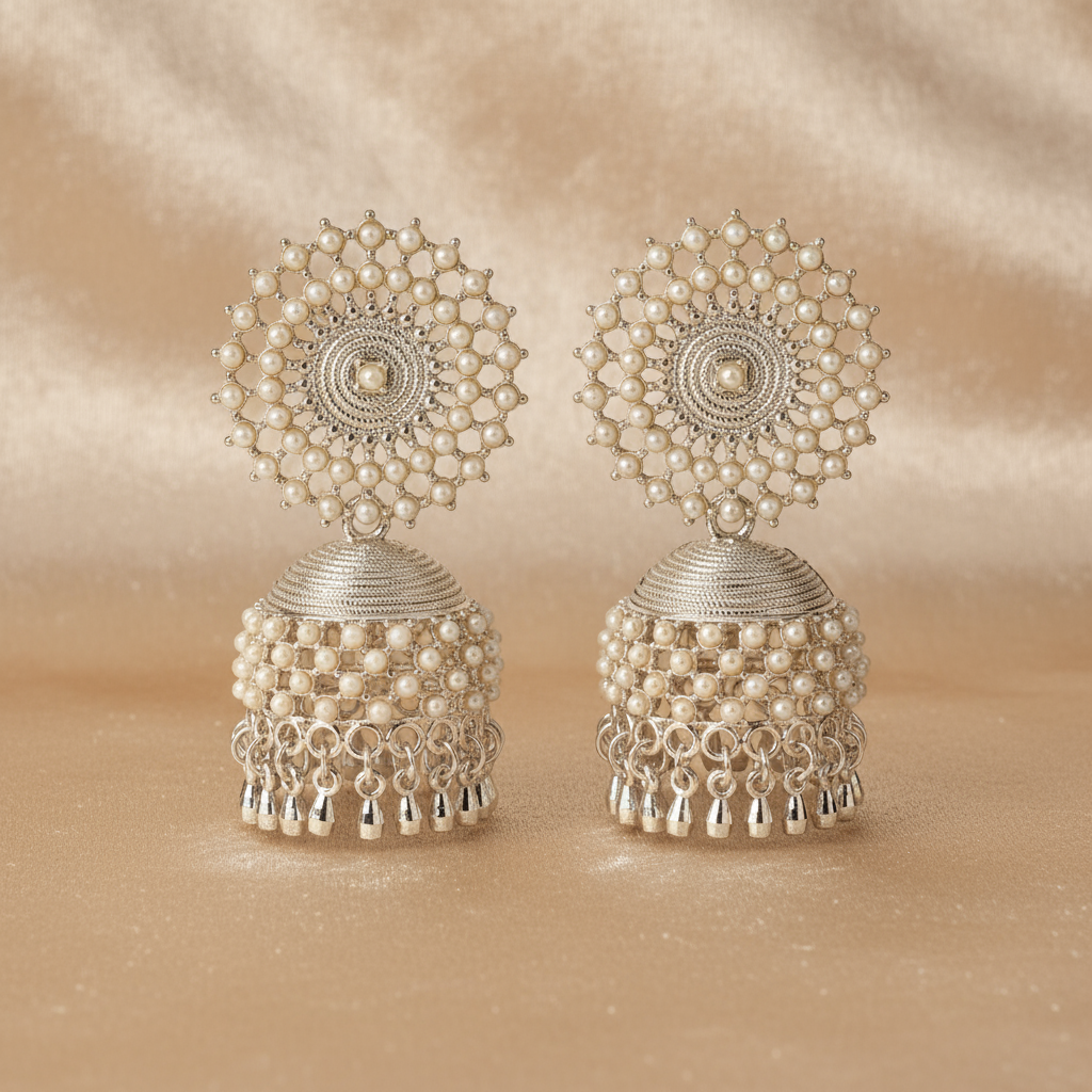 Elegant Pearl Silver Jhumka Earrings – Traditional Indian Jewelry for Women