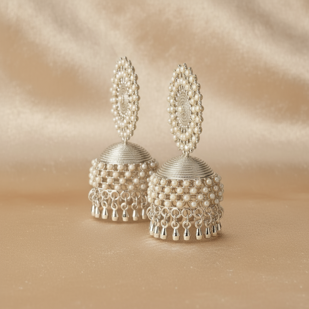 Elegant Pearl Silver Jhumka Earrings – Traditional Indian Jewelry for Women
