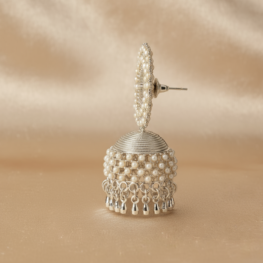 Elegant Pearl Silver Jhumka Earrings – Traditional Indian Jewelry for Women