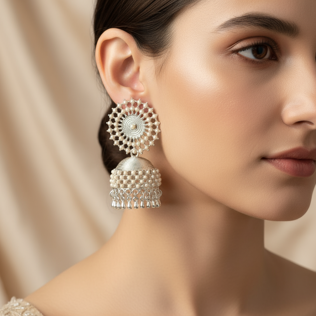 Elegant Pearl Silver Jhumka Earrings – Traditional Indian Jewelry for Women