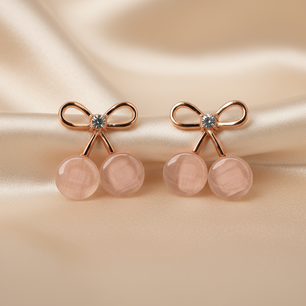Elegant Rose Gold Cherry Stud Earrings with Crystal Accent – Cute Minimalist Jewelry for Women