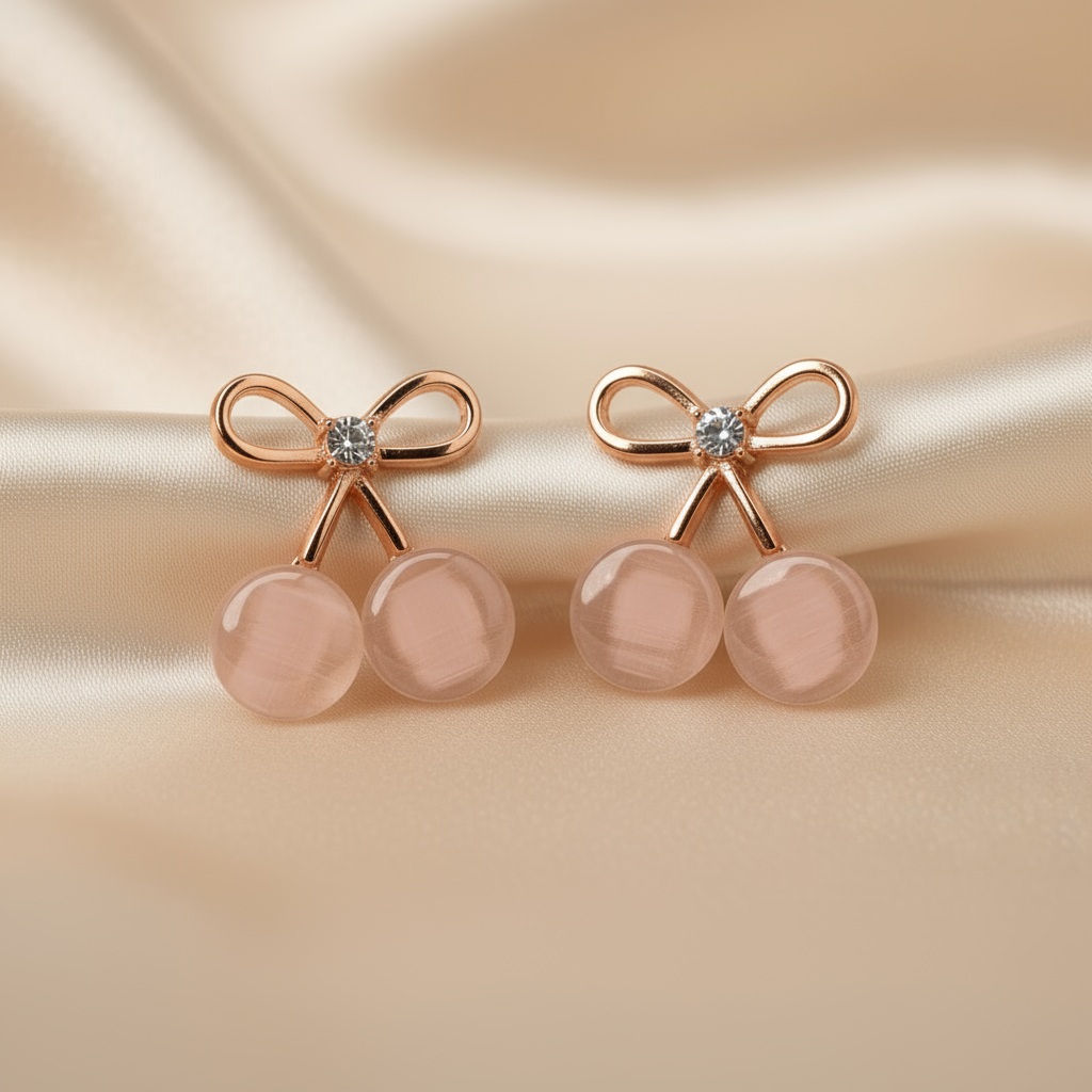 Elegant Rose Gold Cherry Stud Earrings with Crystal Accent – Cute Minimalist Jewelry for Women