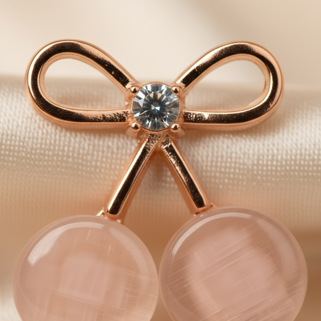 Elegant Rose Gold Cherry Stud Earrings with Crystal Accent – Cute Minimalist Jewelry for Women