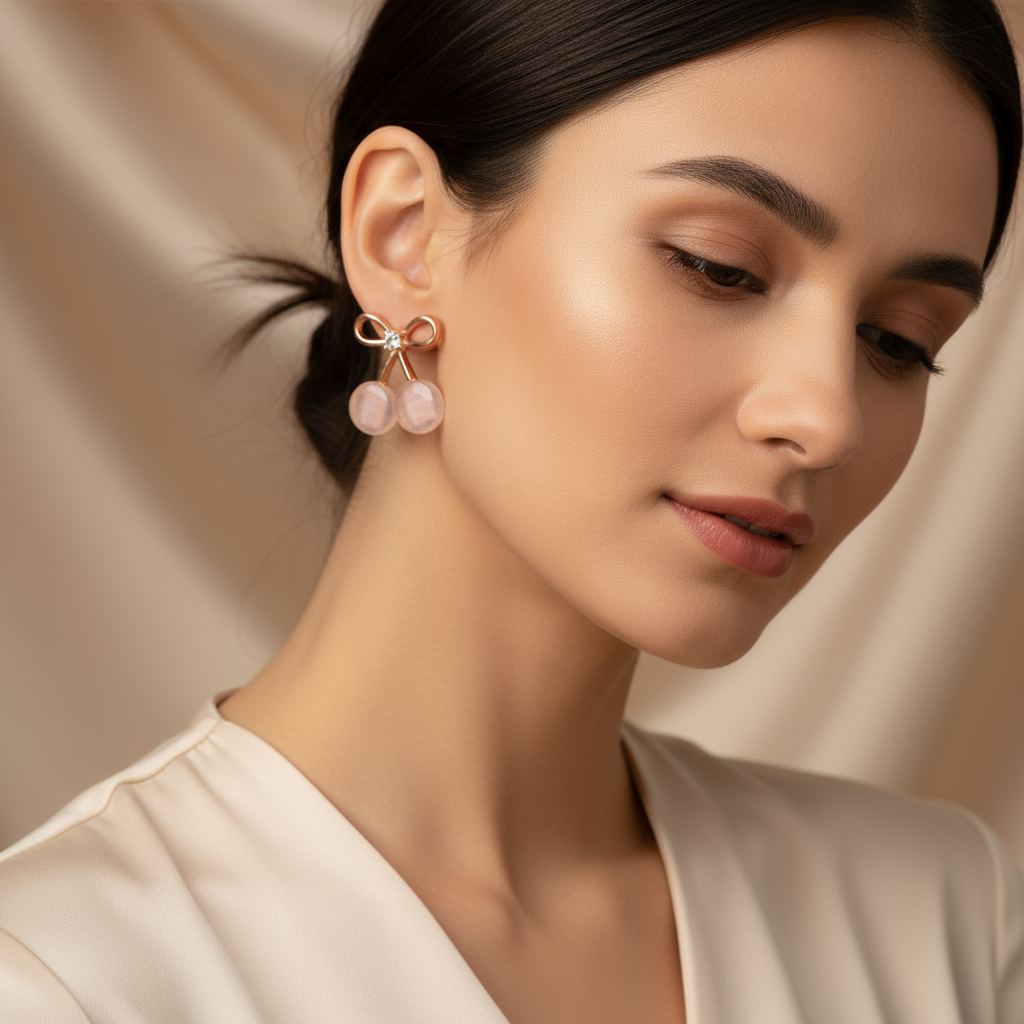 Elegant Rose Gold Cherry Stud Earrings with Crystal Accent – Cute Minimalist Jewelry for Women