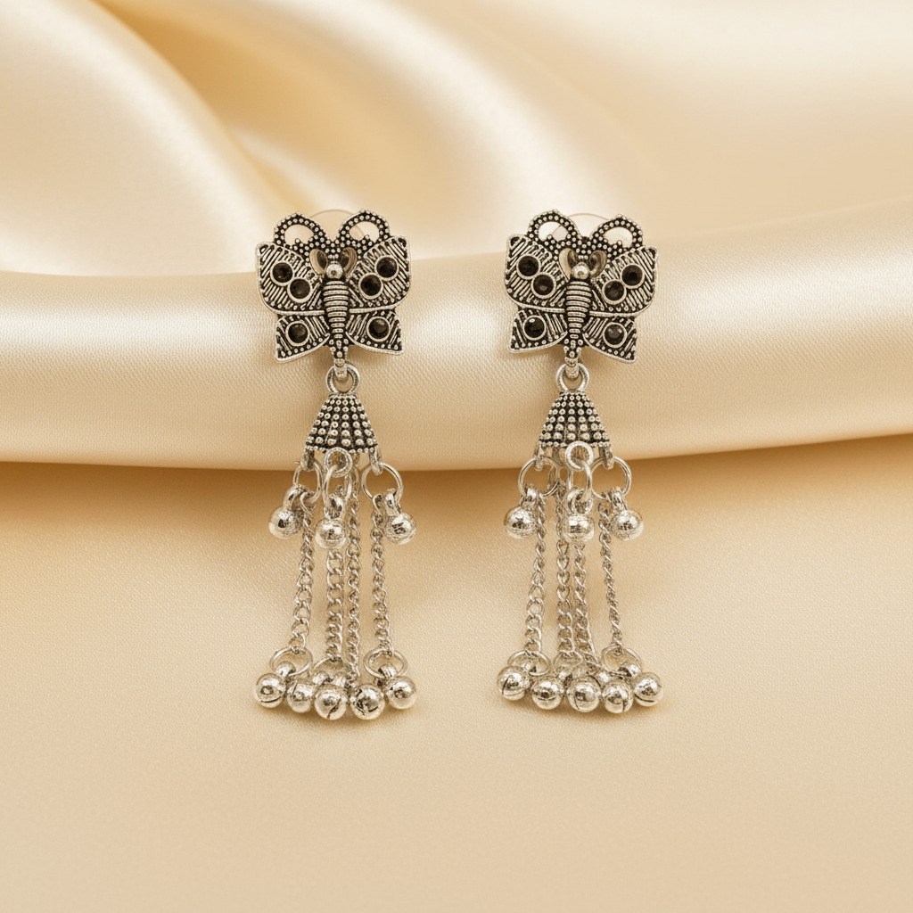 Elegant Silver Butterfly Dangle Earrings – Handmade Oxidized Jewelry for Women