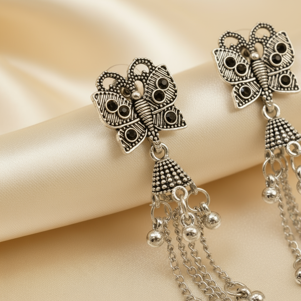 Elegant Silver Butterfly Dangle Earrings – Handmade Oxidized Jewelry for Women