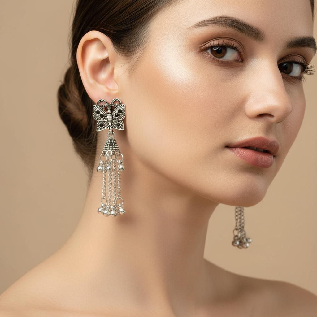 Elegant Silver Butterfly Dangle Earrings – Handmade Oxidized Jewelry for Women