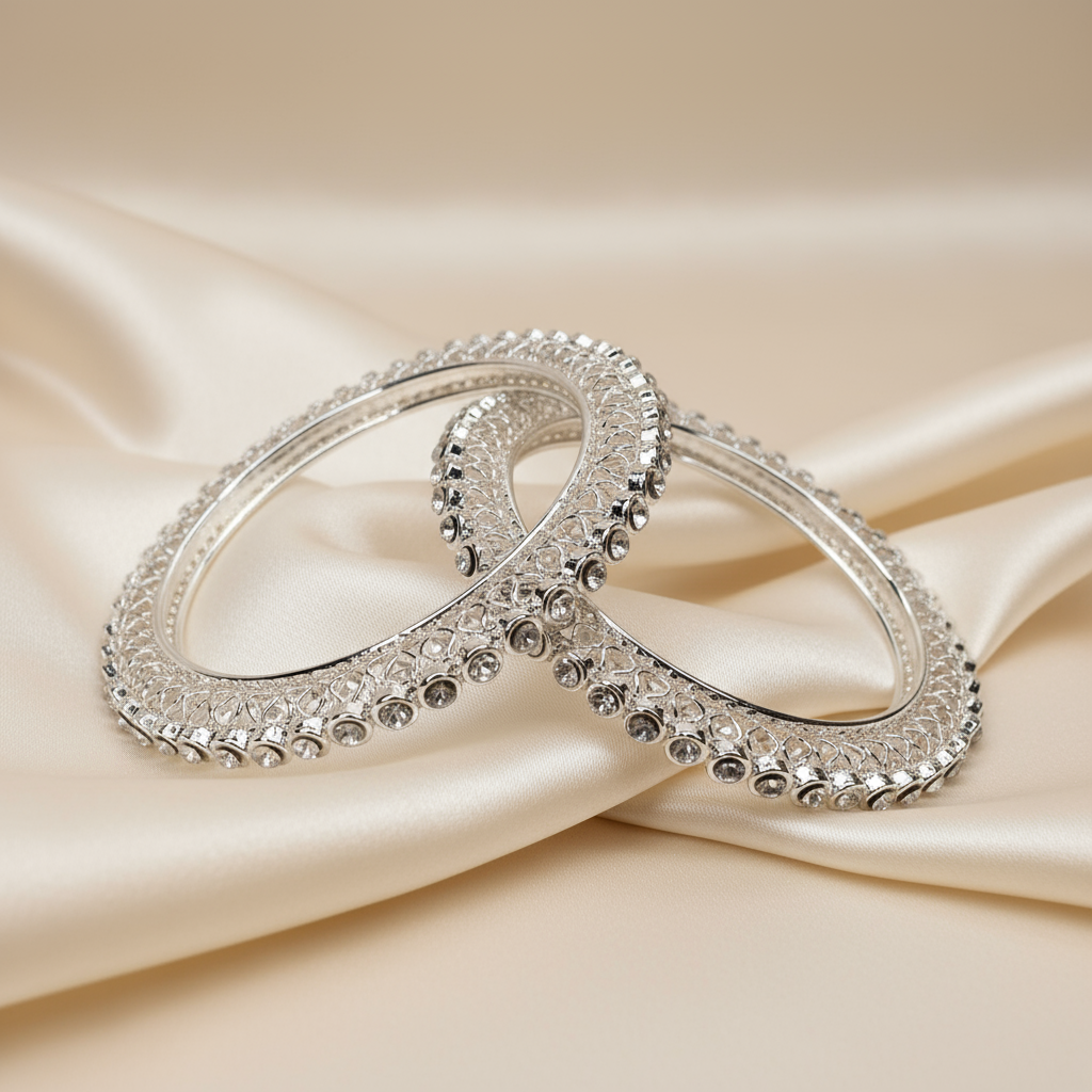 Elegant Silver Crystal-Studded Bangles – Women's Traditional Jewelry Set