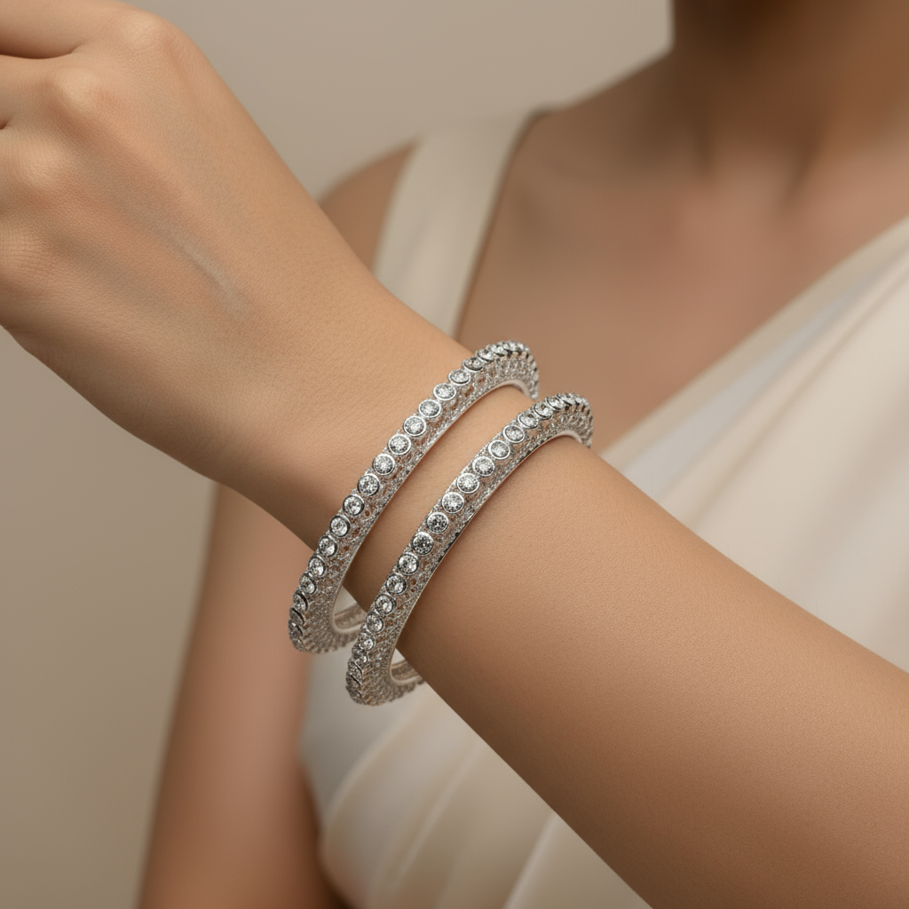 Elegant Silver Crystal-Studded Bangles – Women's Traditional Jewelry Set