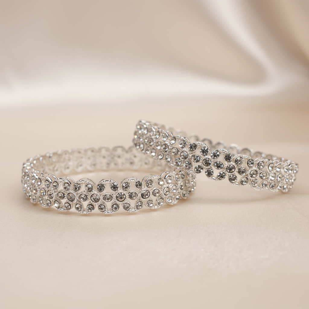 Elegant Silver Crystal Floral Bangle Bracelets – Sparkling Rhinestone Jewelry Set