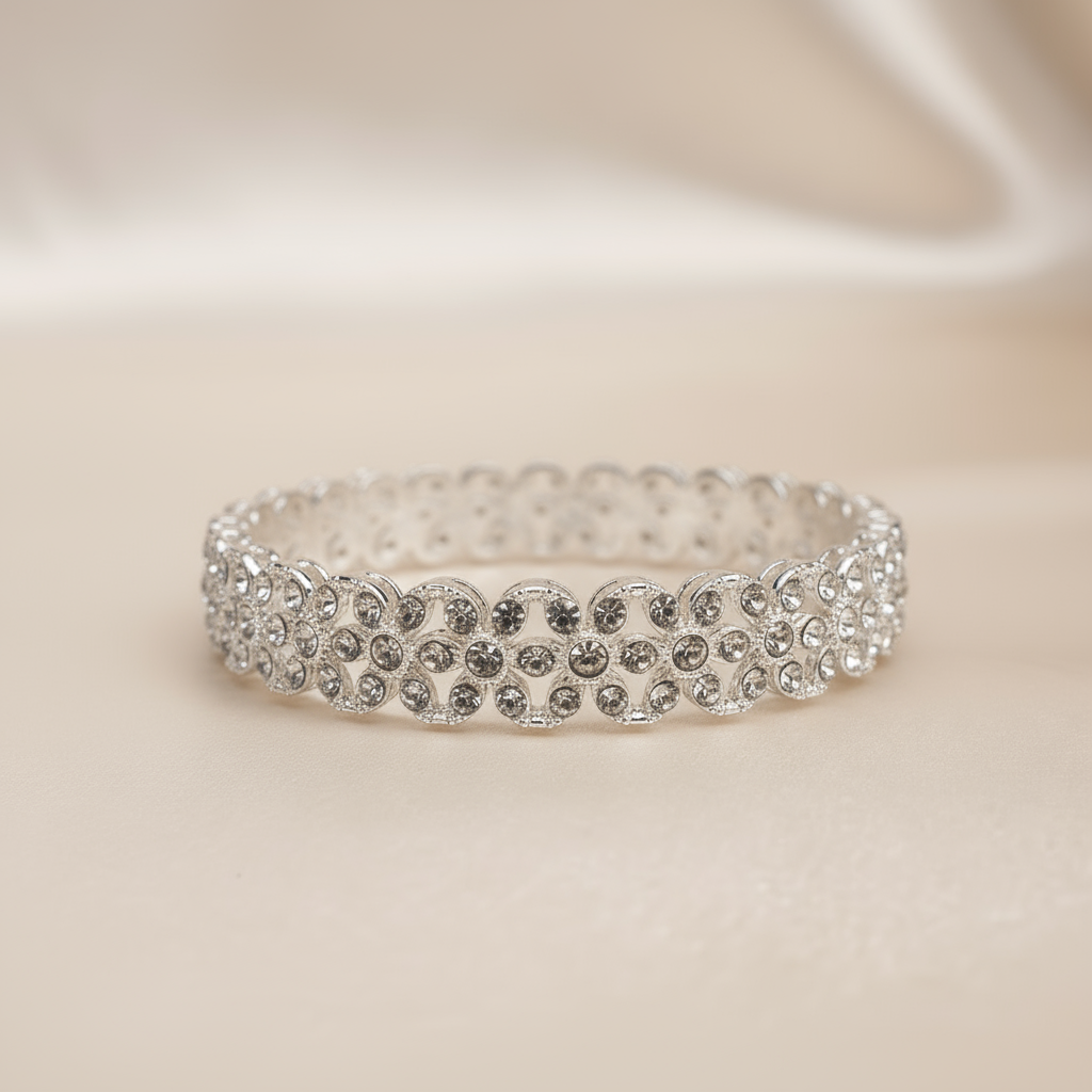 Elegant Silver Crystal Floral Bangle Bracelets – Sparkling Rhinestone Jewelry Set