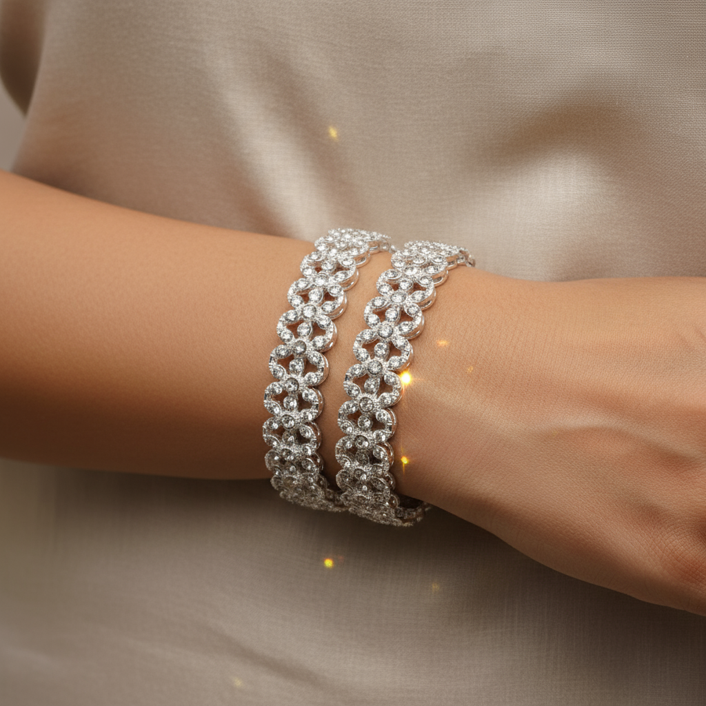 Elegant Silver Crystal Floral Bangle Bracelets – Sparkling Rhinestone Jewelry Set