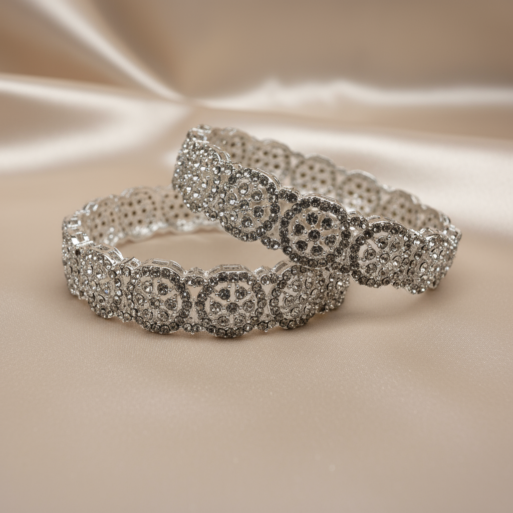Elegant Silver Crystal Floral Bangle Bracelets – Sparkling Statement Jewelry for Women