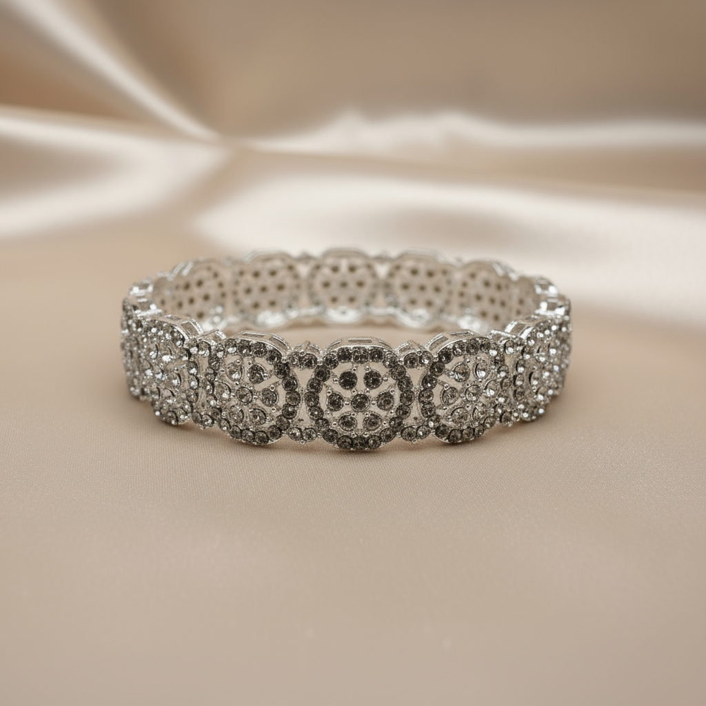 Elegant Silver Crystal Floral Bangle Bracelets – Sparkling Statement Jewelry for Women