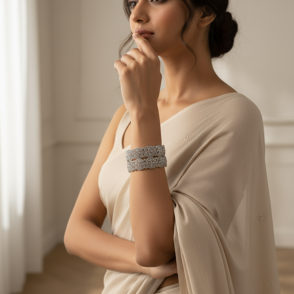 Elegant Silver Crystal Floral Bangle Bracelets – Sparkling Statement Jewelry for Women