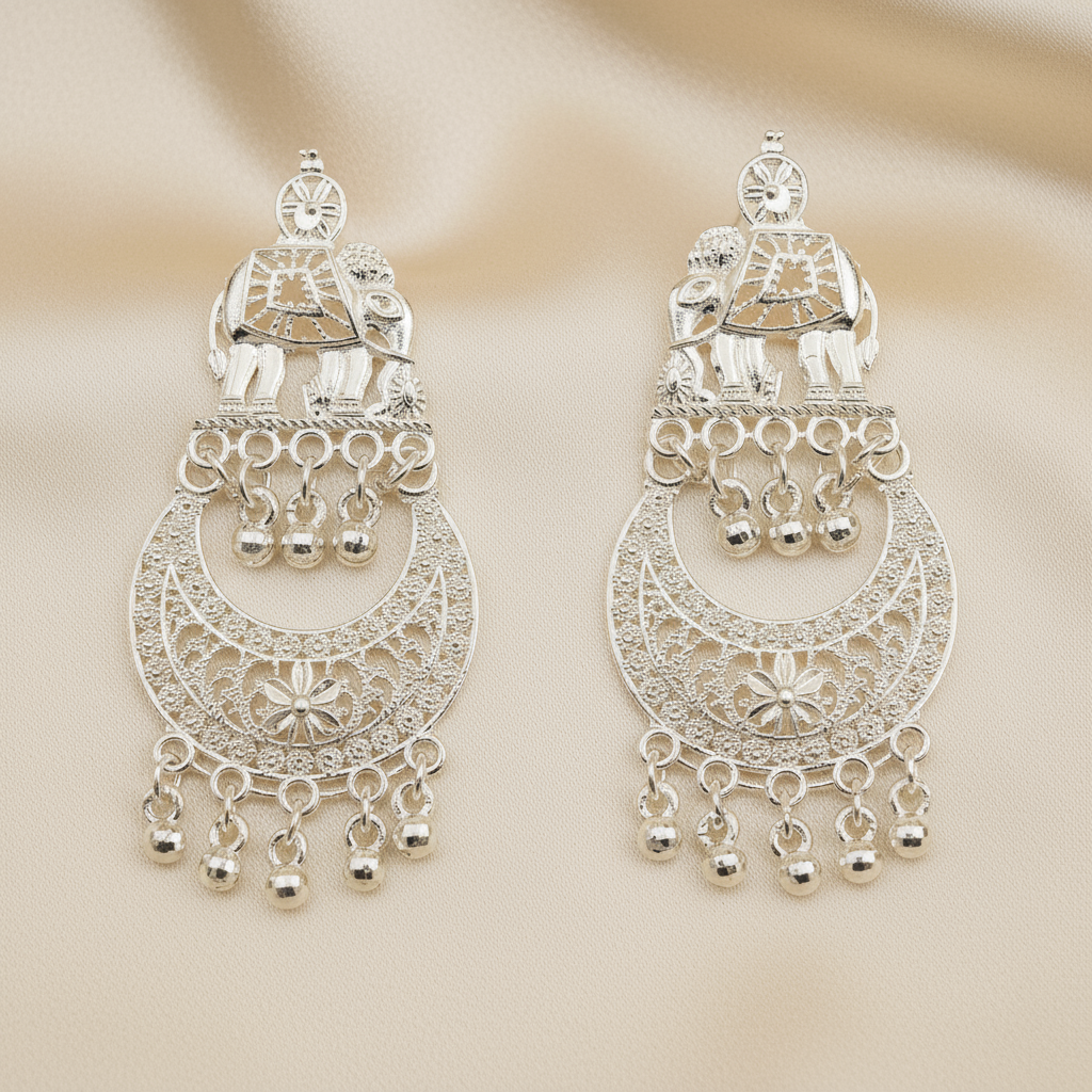 Elegant Silver Elephant Dangle Earrings – Traditional Indian Jewelry with Intricate Floral Design