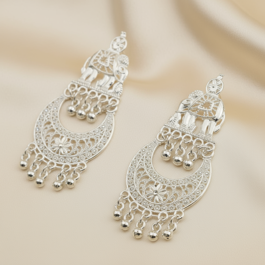 Elegant Silver Elephant Dangle Earrings – Traditional Indian Jewelry with Intricate Floral Design