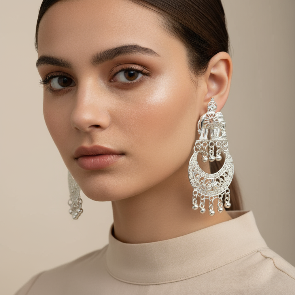 Elegant Silver Elephant Dangle Earrings – Traditional Indian Jewelry with Intricate Floral Design