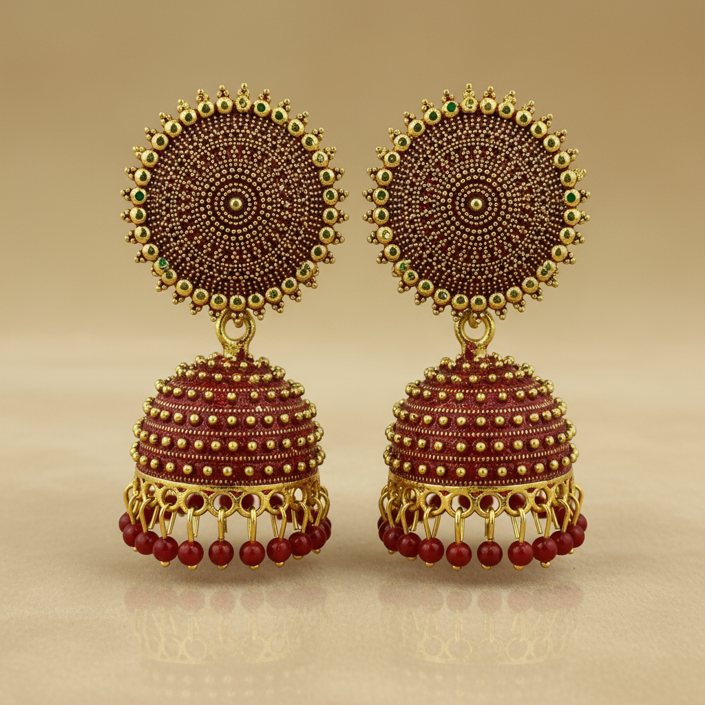 Elegant Traditional Jhumka Earrings – Gold Plated Red Beaded Indian Jewelry