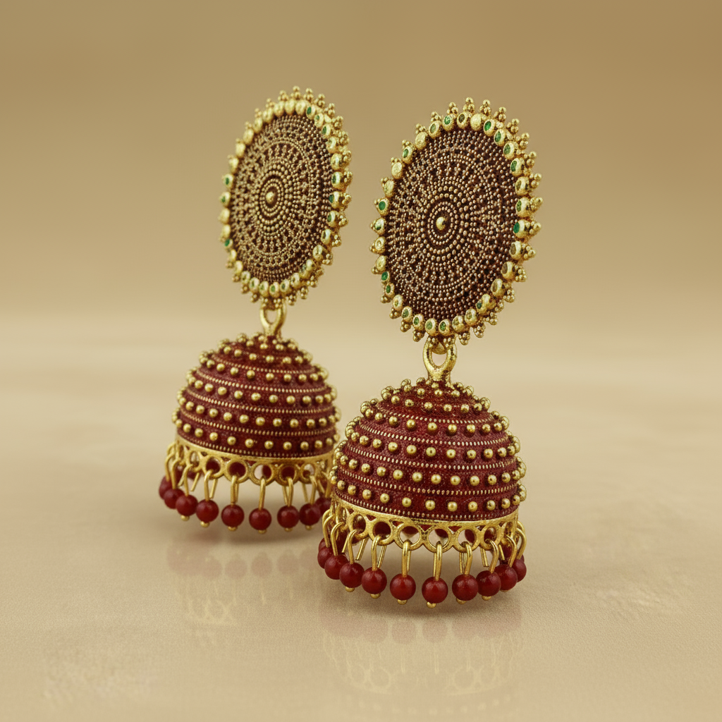 Elegant Traditional Jhumka Earrings – Gold Plated Red Beaded Indian Jewelry
