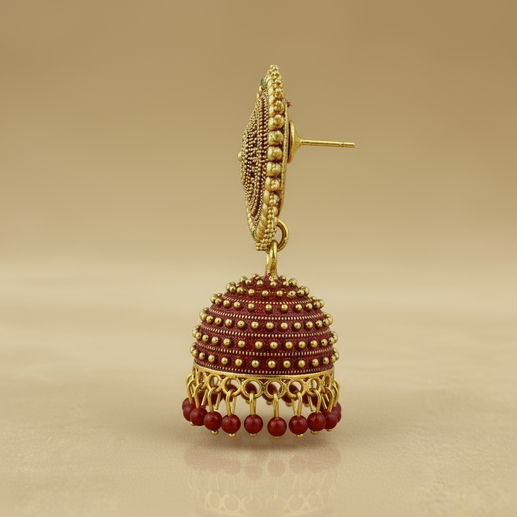 Elegant Traditional Jhumka Earrings – Gold Plated Red Beaded Indian Jewelry