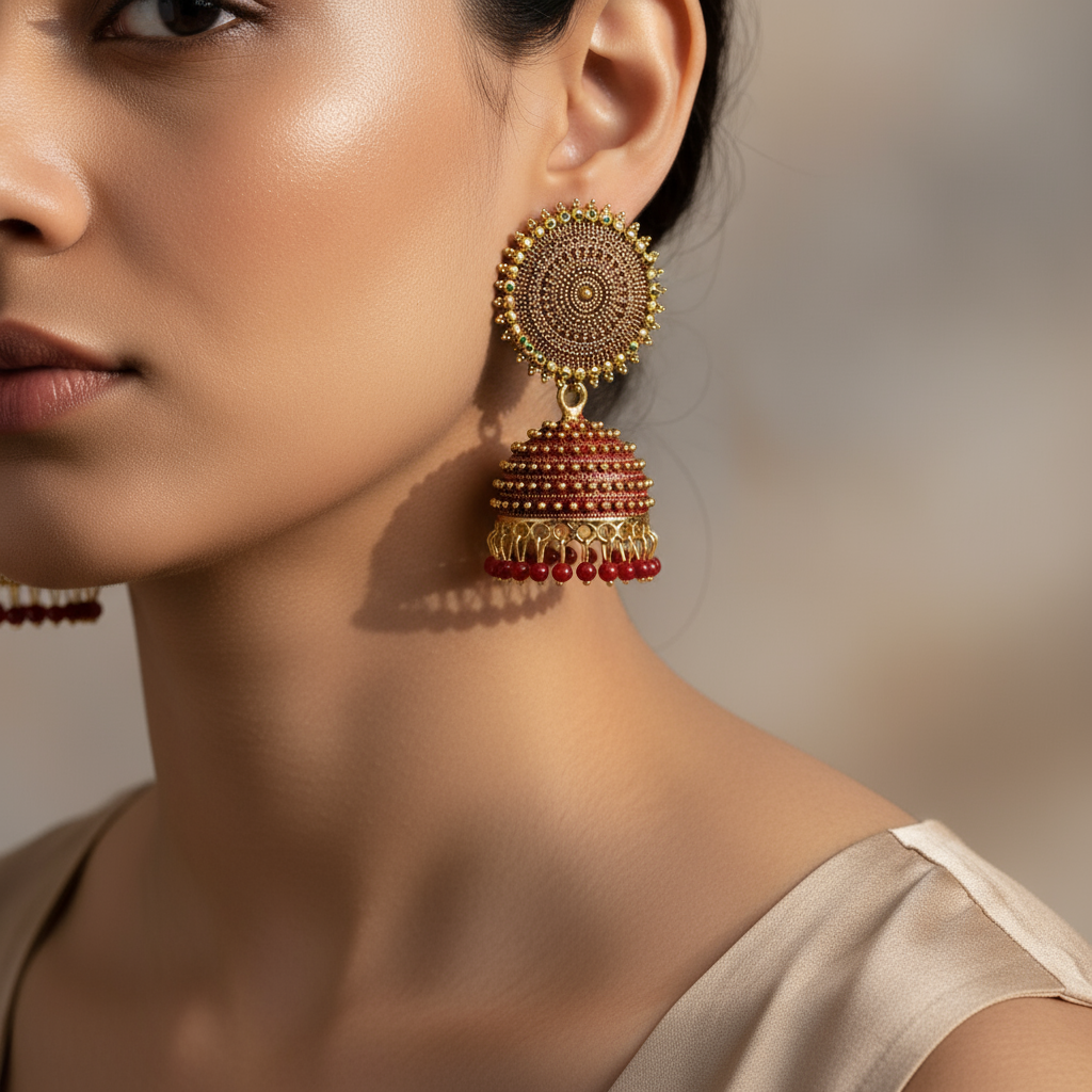 Elegant Traditional Jhumka Earrings – Gold Plated Red Beaded Indian Jewelry