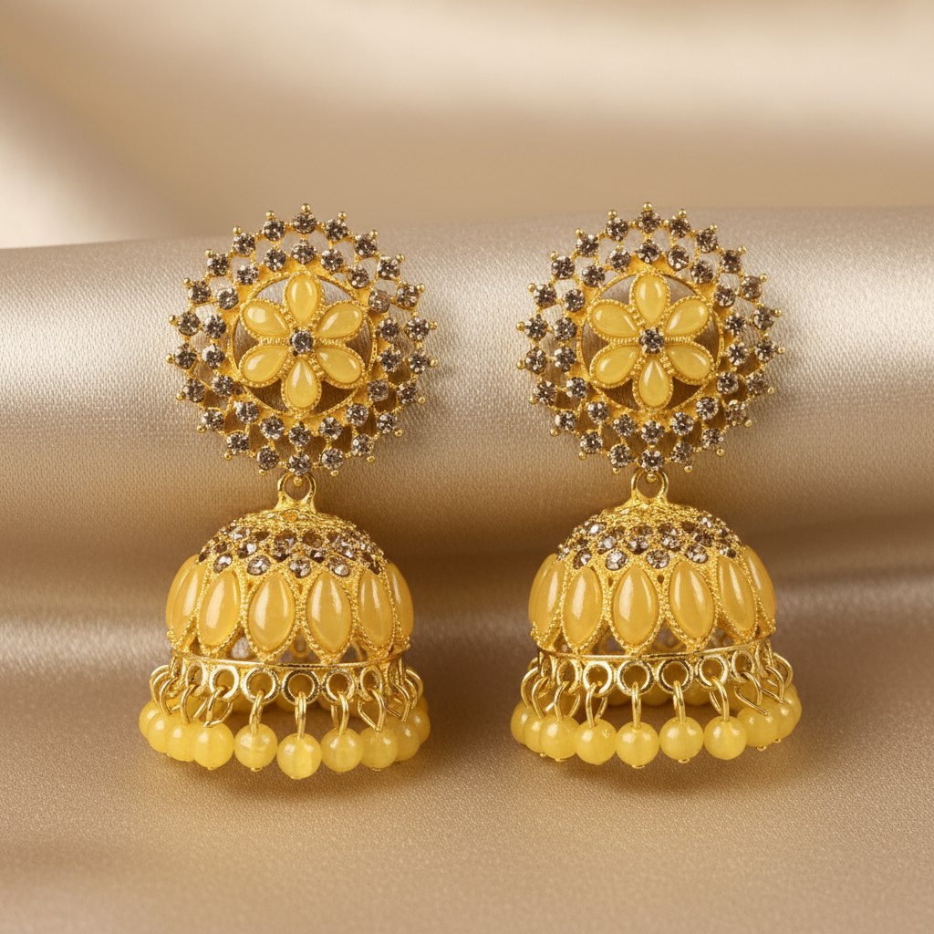 Elegant Yellow Gold Jhumka Earrings with Floral Design and Beaded Detailing