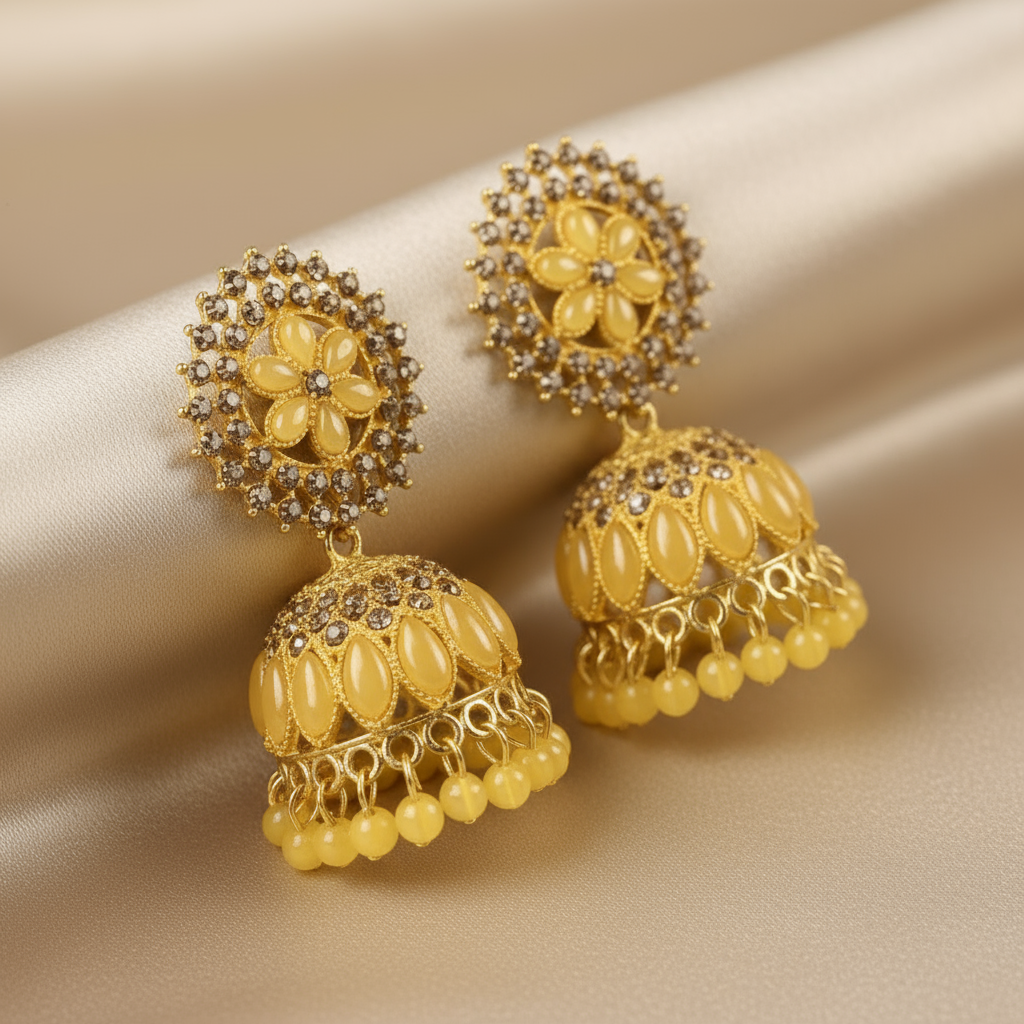 Elegant Yellow Gold Jhumka Earrings with Floral Design and Beaded Detailing