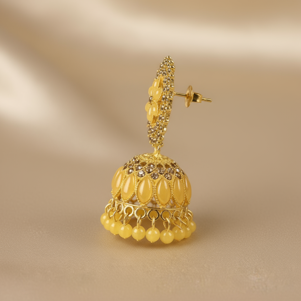 Elegant Yellow Gold Jhumka Earrings with Floral Design and Beaded Detailing