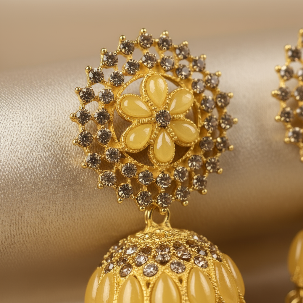 Elegant Yellow Gold Jhumka Earrings with Floral Design and Beaded Detailing