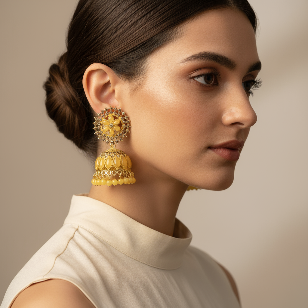 Elegant Yellow Gold Jhumka Earrings with Floral Design and Beaded Detailing