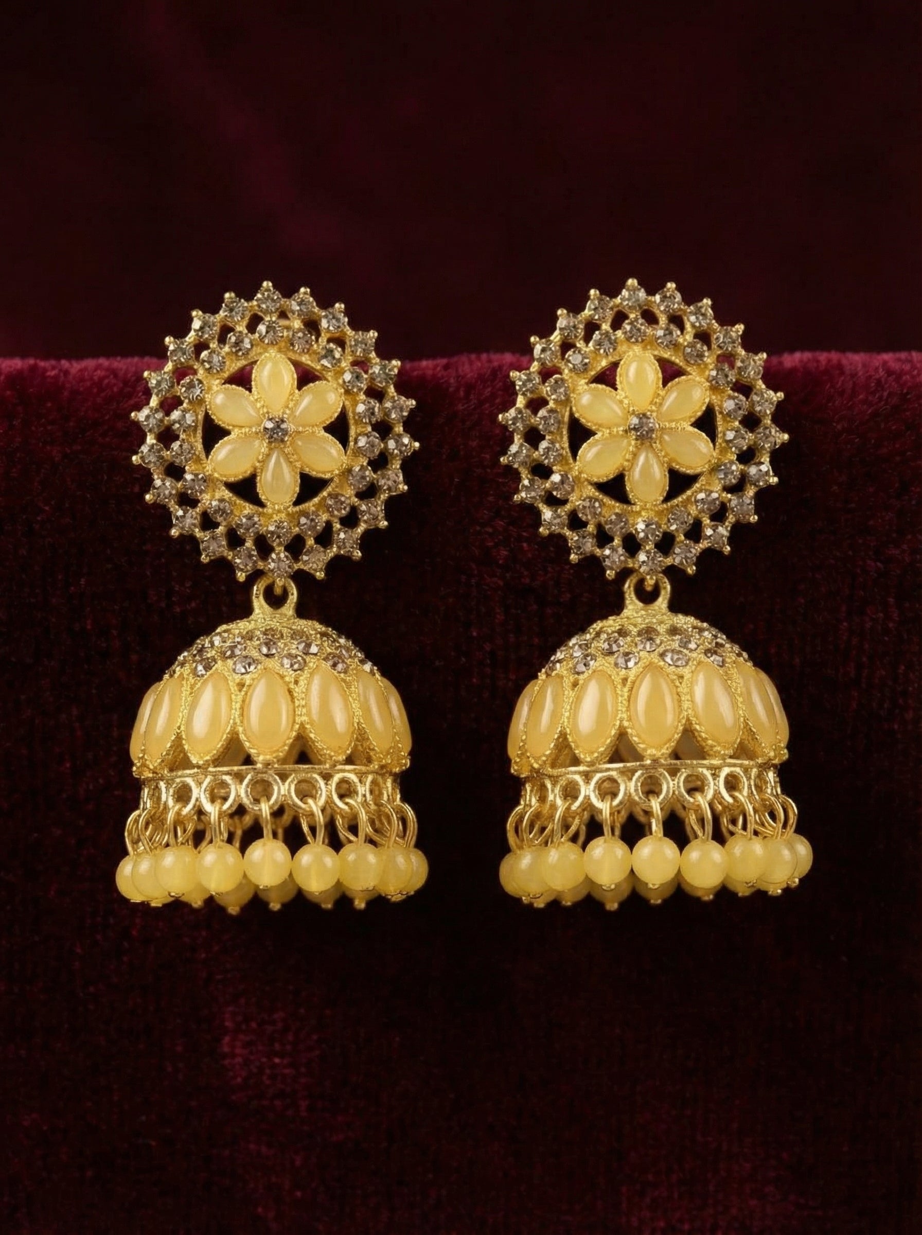 Gold Yellow Jhumka Earrings - Floral Design