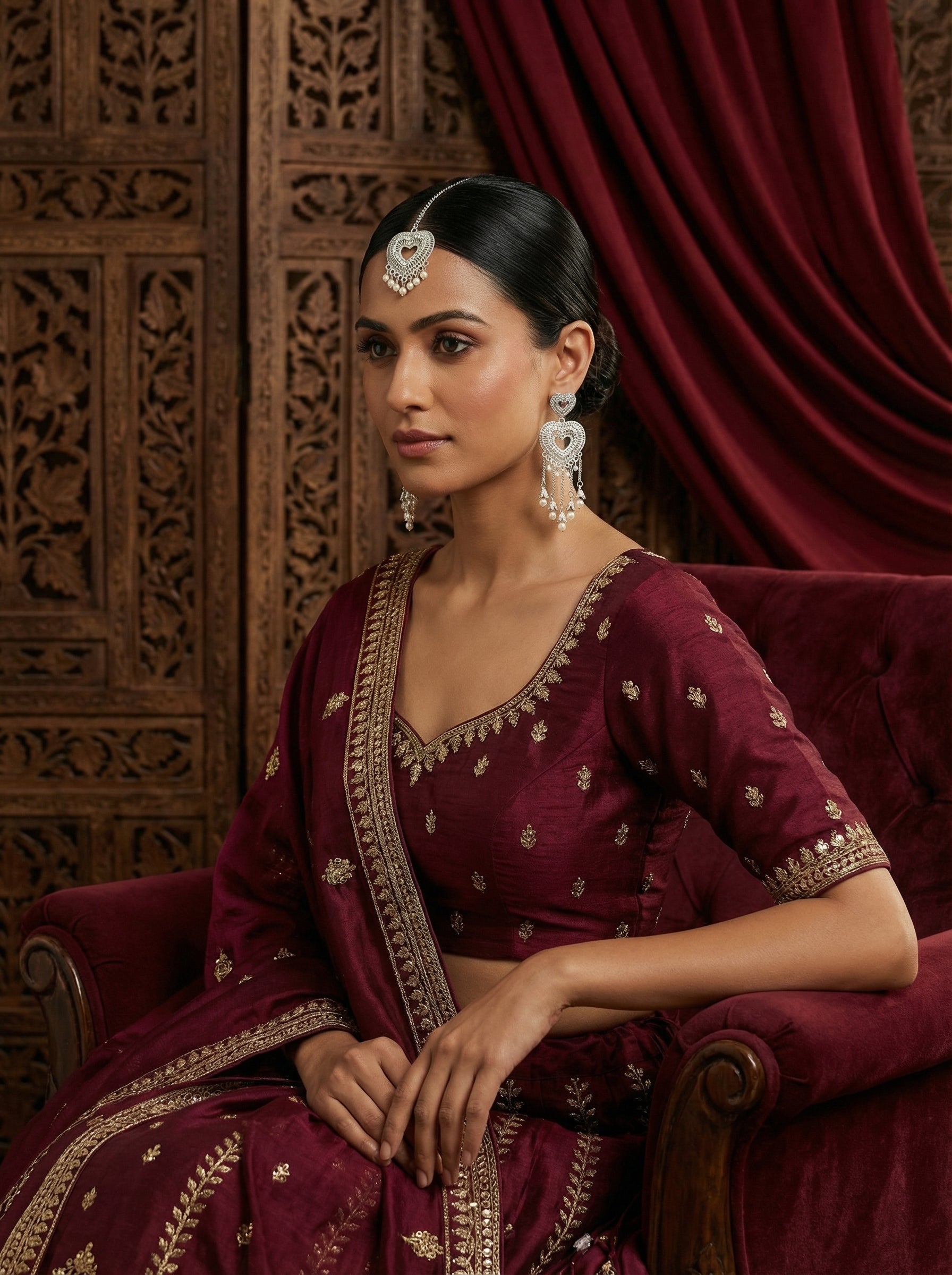 Woman in a maroon traditional outfit with gold embroidery sitting on a red couch.