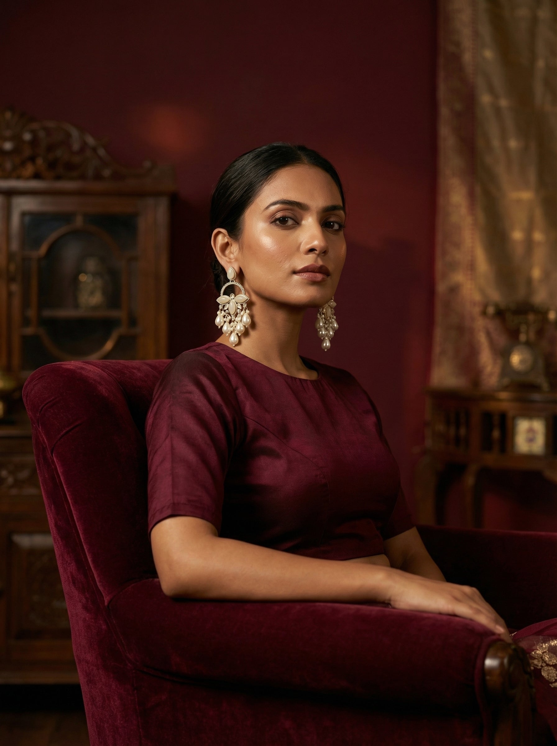 Woman in a burgundy dress sitting on a red chair with a dark background